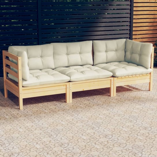 vidaXL 3-osobowa sofa ogrodowa z kremowymi poduszkami, drewno sosnowe vidaXL