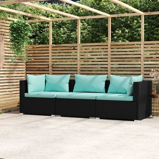 vidaXL 3-osobowa sofa ogrodowa z poduszkami, czarna, polirattan vidaXL