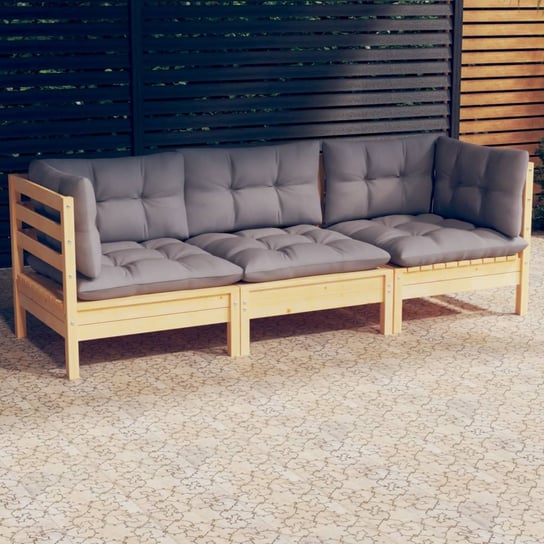 vidaXL 3-osobowa sofa ogrodowa z szarymi poduszkami, drewno sosnowe vidaXL
