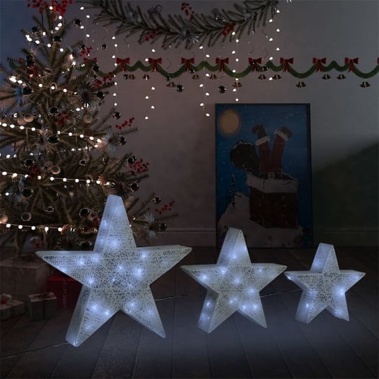 vidaXL Dekoracja świąteczna: 3 gwiazdy, biała siatka z LED vidaXL