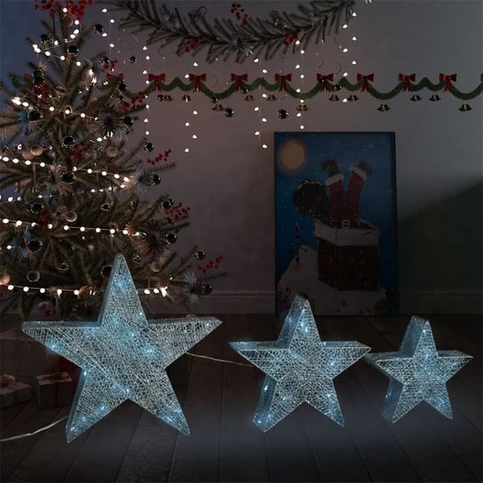 vidaXL Dekoracja świąteczna: 3 gwiazdy, srebrna siatka z LED vidaXL