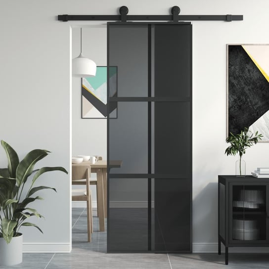 vidaXL Drzwi przesuwne, czarne, 76x205 cm, szkło hartowane, aluminium vidaXL