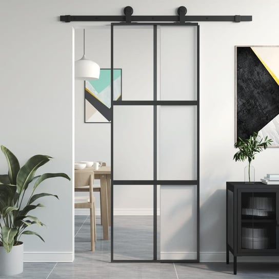 vidaXL Drzwi przesuwne, czarne, 76x205 cm, szkło hartowane, aluminium vidaXL