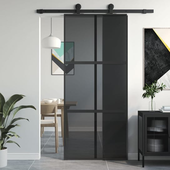 vidaXL Drzwi przesuwne, czarne, 90x205 cm, szkło hartowane, aluminium vidaXL