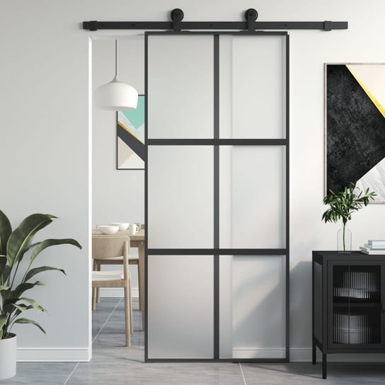 vidaXL Drzwi przesuwne, czarne, 90x205 cm, szkło hartowane, aluminium vidaXL