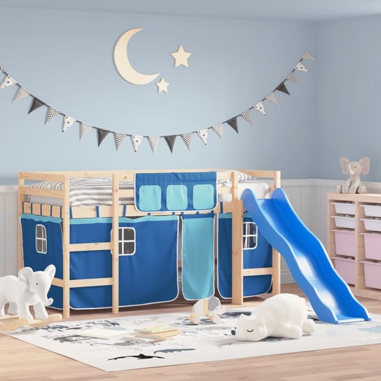 vidaXL Dziecięce łóżko na antresoli, niebieskie zasłonki, 80x200 cm vidaXL