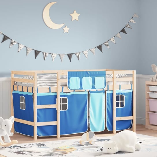 vidaXL Dziecięce łóżko na antresoli, niebieskie zasłonki, 90x190 cm vidaXL