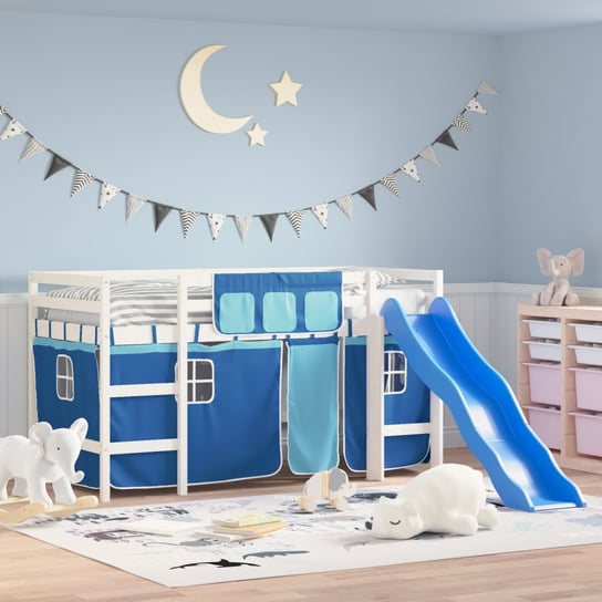 vidaXL Dziecięce łóżko na antresoli, niebieskie zasłonki, 90x200 cm vidaXL
