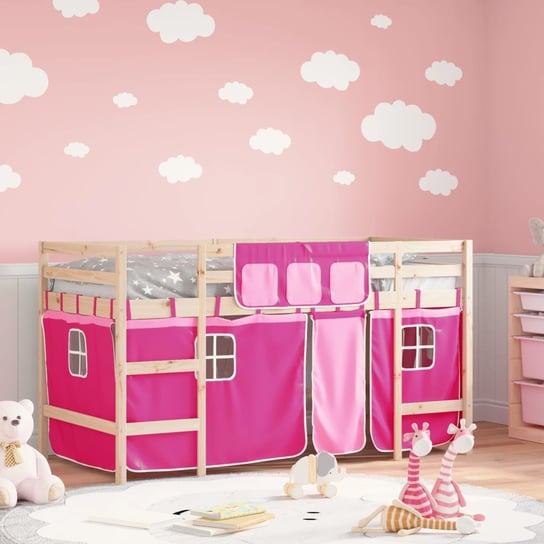 vidaXL Dziecięce łóżko na antresoli, różowe zasłonki, 90x190 cm vidaXL