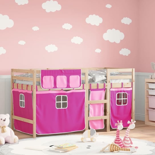 vidaXL Dziecięce łóżko na antresoli, różowe zasłonki, 90x200 cm, sosna vidaXL