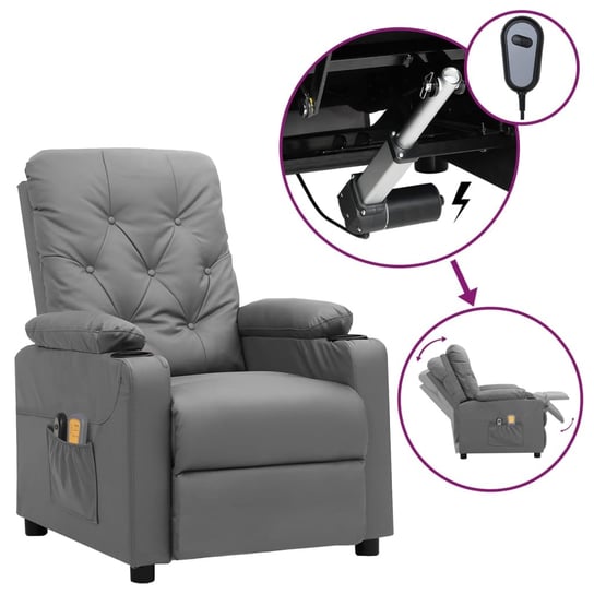 vidaXL Elektryczny fotel masujący, rozkładany, szary, sztuczna skóra vidaXL