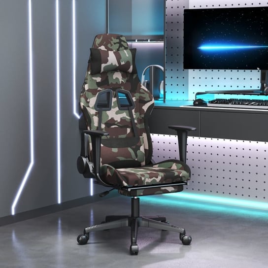 Vidaxl fotel dla gracza z podnóżkiem i masażem, czarny i moro, tkanina vidaXL
