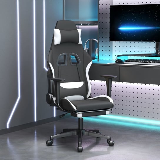 Vidaxl fotel gamingowy z podnóżkiem, czarno-biały, tkanina vidaXL