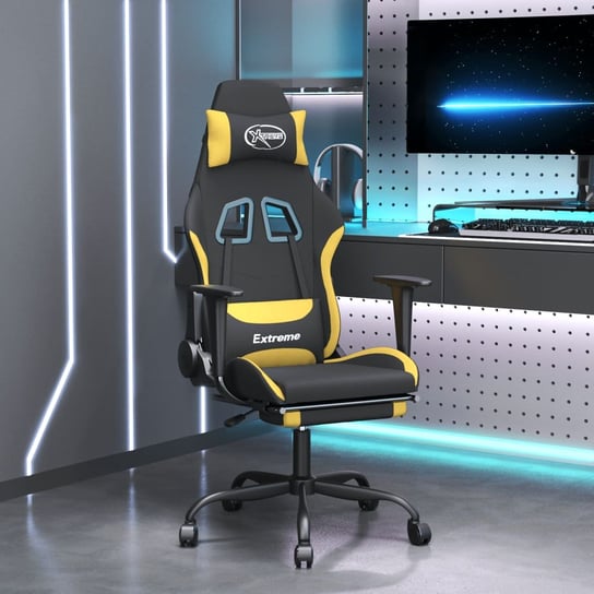 vidaXL Fotel gamingowy z podnóżkiem i masażem, czarno-żółty, tkanina vidaXL
