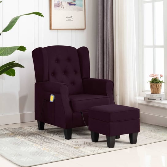 vidaXL Fotel masujący z podnóżkiem, fioletowy, obity tkaniną vidaXL