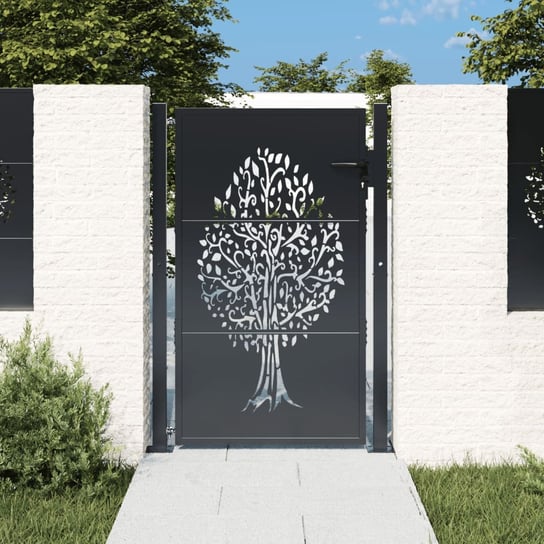 vidaXL Furtka ogrodowa, antracytowa, 105x155 cm, stal, motyw drzewa vidaXL