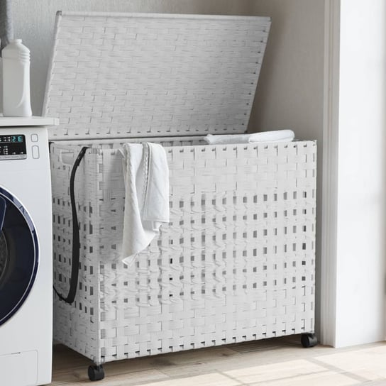 vidaXL Kosz na pranie z kółkami, biały, 66x35x60 cm, rattan vidaXL
