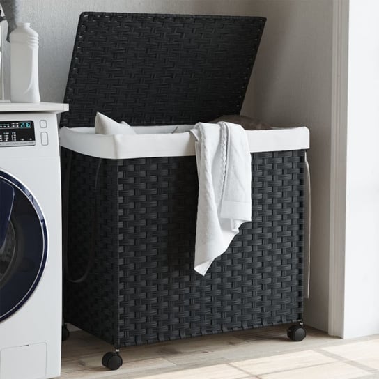 vidaXL Kosz na pranie z kółkami, czarny, 60x35x60,5 cm, rattan vidaXL