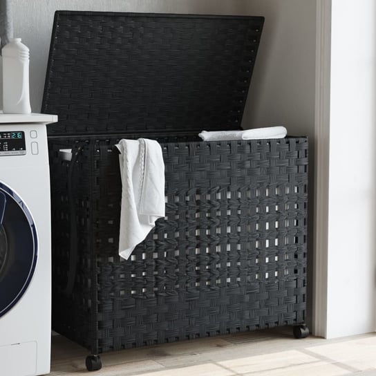 vidaXL Kosz na pranie z kółkami, czarny, 66x35x60 cm, rattan vidaXL