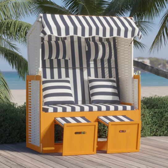 vidaXL Kosz plażowy z poduszkami, rattan PE i drewno, biało-niebieski vidaXL