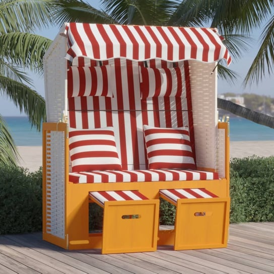 vidaXL Kosz plażowy z poduszkami, rattan PE i drewno, czerwono-biały vidaXL