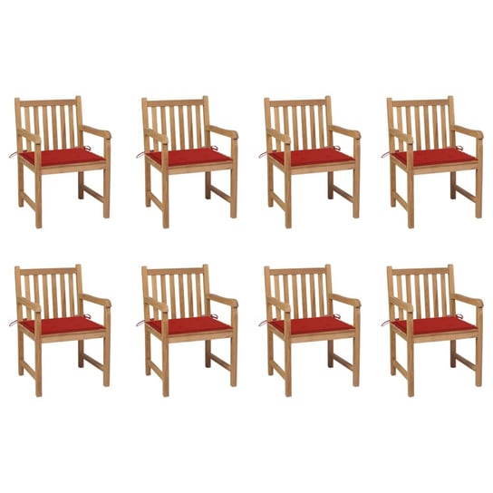 vidaXL, Krzesła ogrodowe, 8 szt., czerwone poduszki, drewno tekowe vidaXL