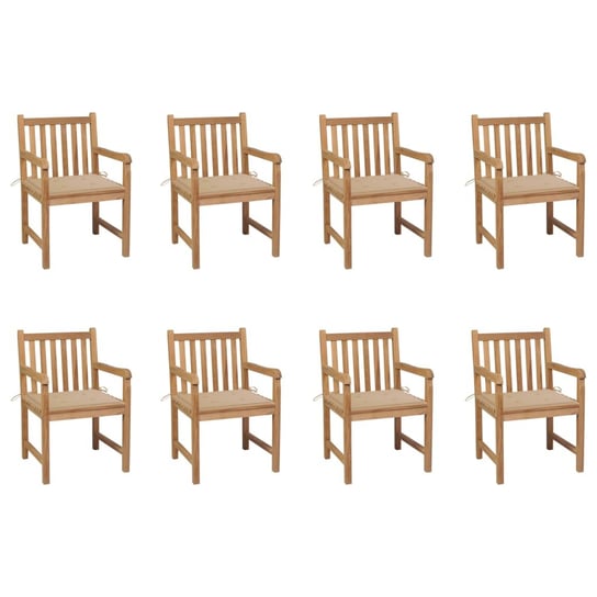 vidaXL, Krzesła ogrodowe 8 szt., z beżowymi poduszkami, drewno tekowe vidaXL
