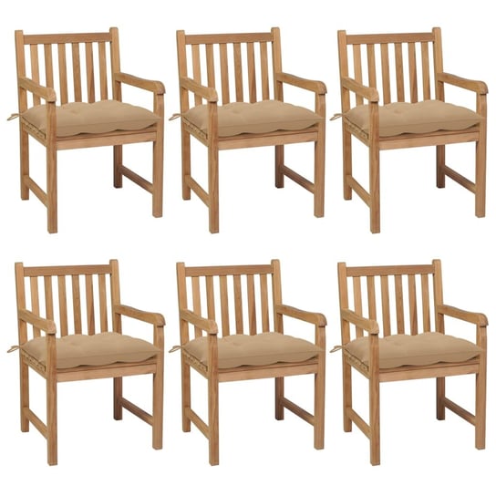 vidaXL, Krzesła ogrodowe z beżowymi poduszkami, 6 szt., drewno tekowe vidaXL