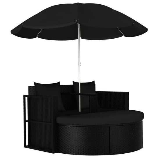 vidaXL Łóżko ogrodowe z parasolem, polirattan, czarne vidaXL