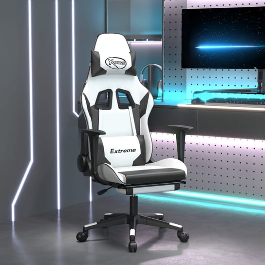 Vidaxl masujący fotel gamingowy z podnóżkiem, biało-czarny vidaXL