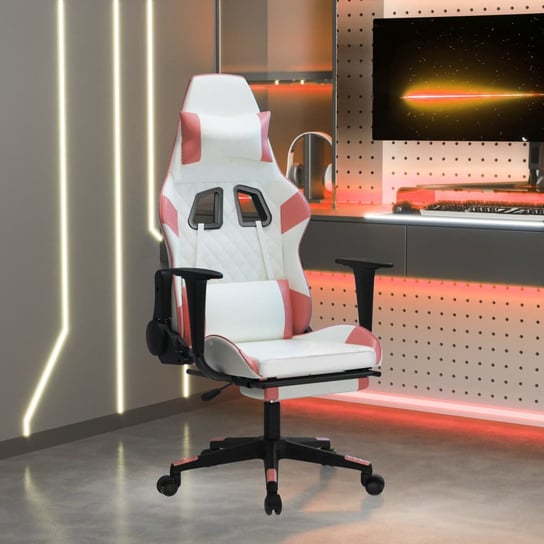 Vidaxl masujący fotel gamingowy z podnóżkiem, biało-różowy, ekoskóra vidaXL