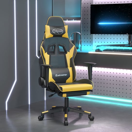vidaXL Masujący fotel gamingowy z podnóżkiem, czarno-złoty vidaXL