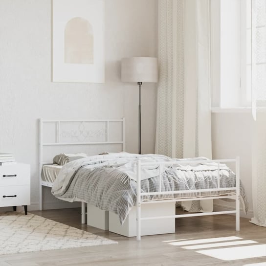 vidaXL Metalowa rama łóżka z wezgłowiem i zanóżkiem, biała, 100x190 cm vidaXL