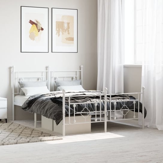 vidaXL Metalowa rama łóżka z wezgłowiem i zanóżkiem, biała, 135x190 cm vidaXL