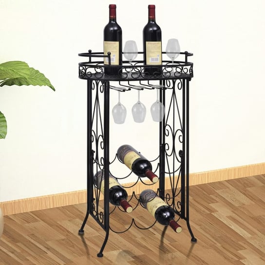 vidaXL Metalowy stojak na 9 butelek wina ze stolikiem i wieszakami vidaXL
