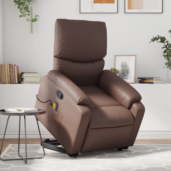 vidaXL Podnoszony fotel masujący, rozkładany, brązowy, ekoskóra vidaXL