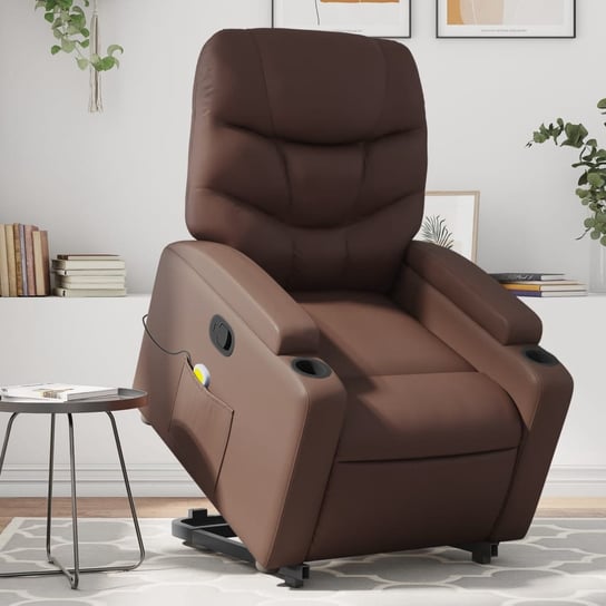 vidaXL Podnoszony fotel masujący, rozkładany, brązowy, ekoskóra vidaXL