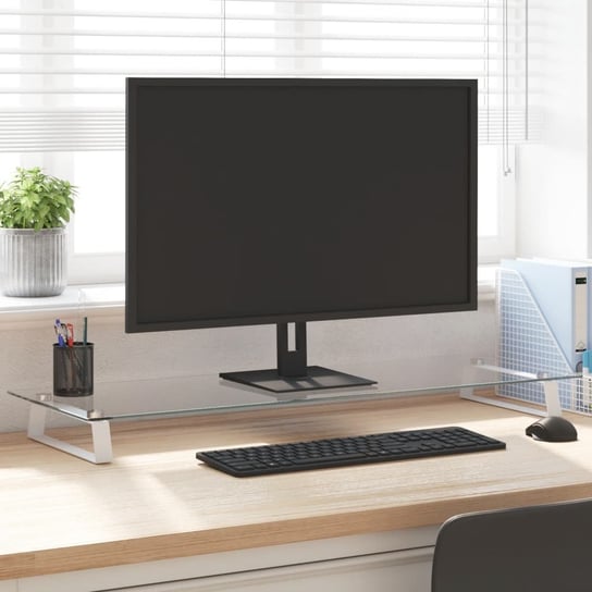 vidaXL Podstawka pod monitor, biała, 100x35x8 cm, szkło i metal vidaXL