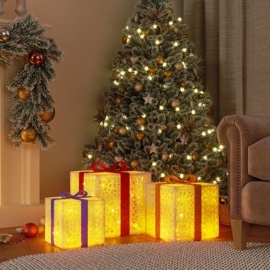 vidaXL Podświetlane prezenty świąteczne, 3 szt., 64 LED, ciepła biel vidaXL