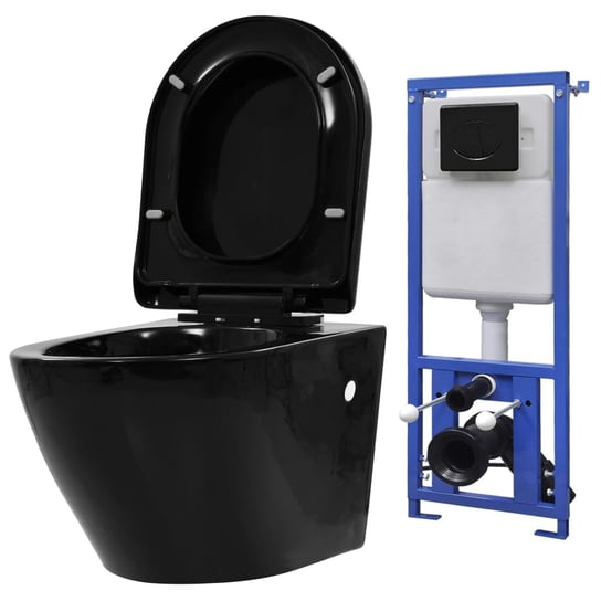 vidaXL Podwieszana toaleta ceramiczna ze spłuczką podtynkową, czarna vidaXL