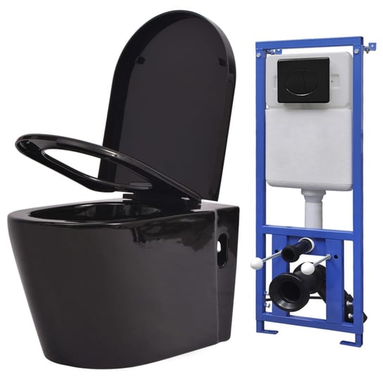 vidaXL, Podwieszana toaleta ceramiczna ze spłuczką podtynkową, czarna vidaXL
