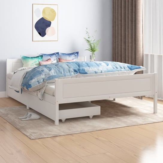 vidaXL Rama łóżka z 2 szufladami, biała, lite drewno, 140x200 cm vidaXL