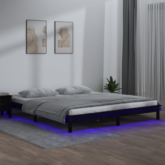 vidaXL Rama łóżka z LED, czarna, 150x200 cm, King Size, lite drewno vidaXL
