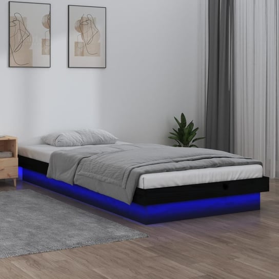 vidaXL Rama łóżka z LED, czarna, 75x190 cm, pojedyncza, lite drewno vidaXL