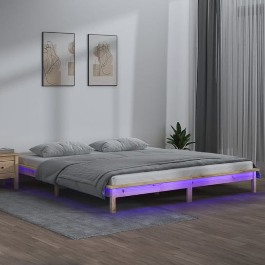 vidaXL Rama łóżka z LED, szara, 135x190 cm, podwójna, lite drewno vidaXL