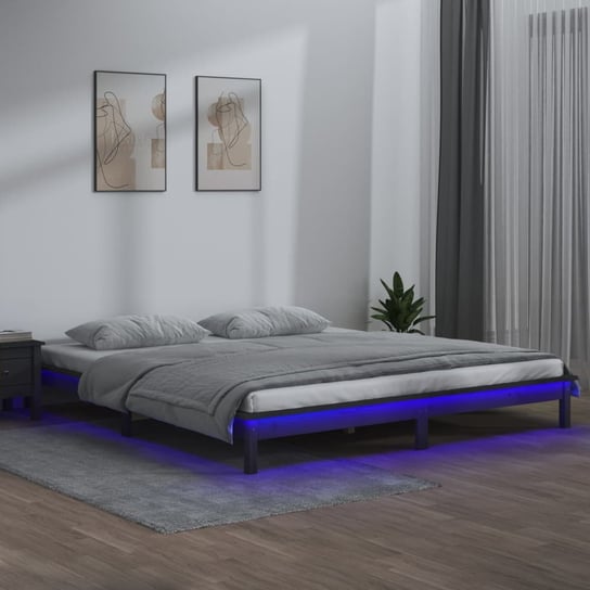 vidaXL Rama łóżka z LED, szara, 160x200 cm, lite drewno vidaXL