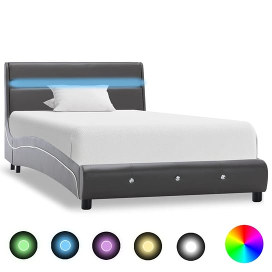 vidaXL Rama łóżka z LED, szara, sztuczna skóra, 90 x 200 cm vidaXL