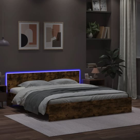 vidaXL Rama łóżka z wezgłowiem i LED, przydymiony dąb, 200x200 cm vidaXL