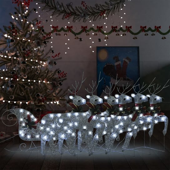 vidaXL Renifery z saniami, dekoracja do ogrodu, 140 diod LED, srebrne vidaXL