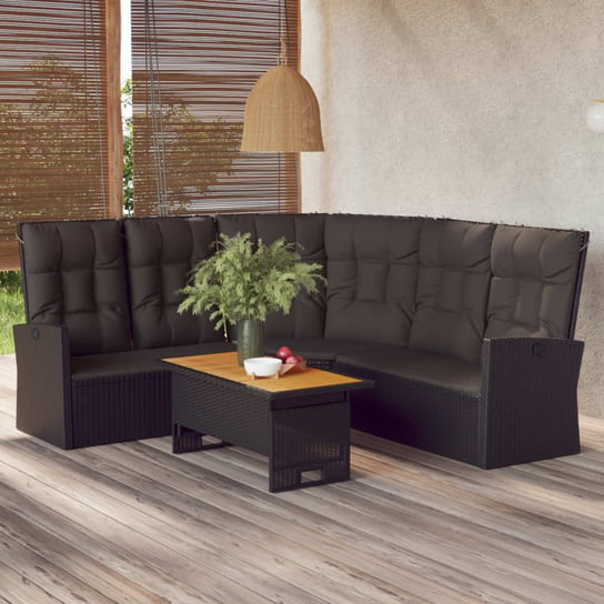 vidaXL Rozkładana sofa narożna z poduszkami, czarna, polirattan vidaXL